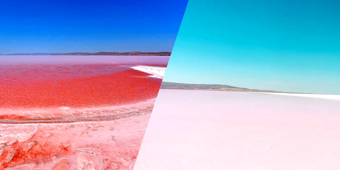 Красно-розовые оттенки озера